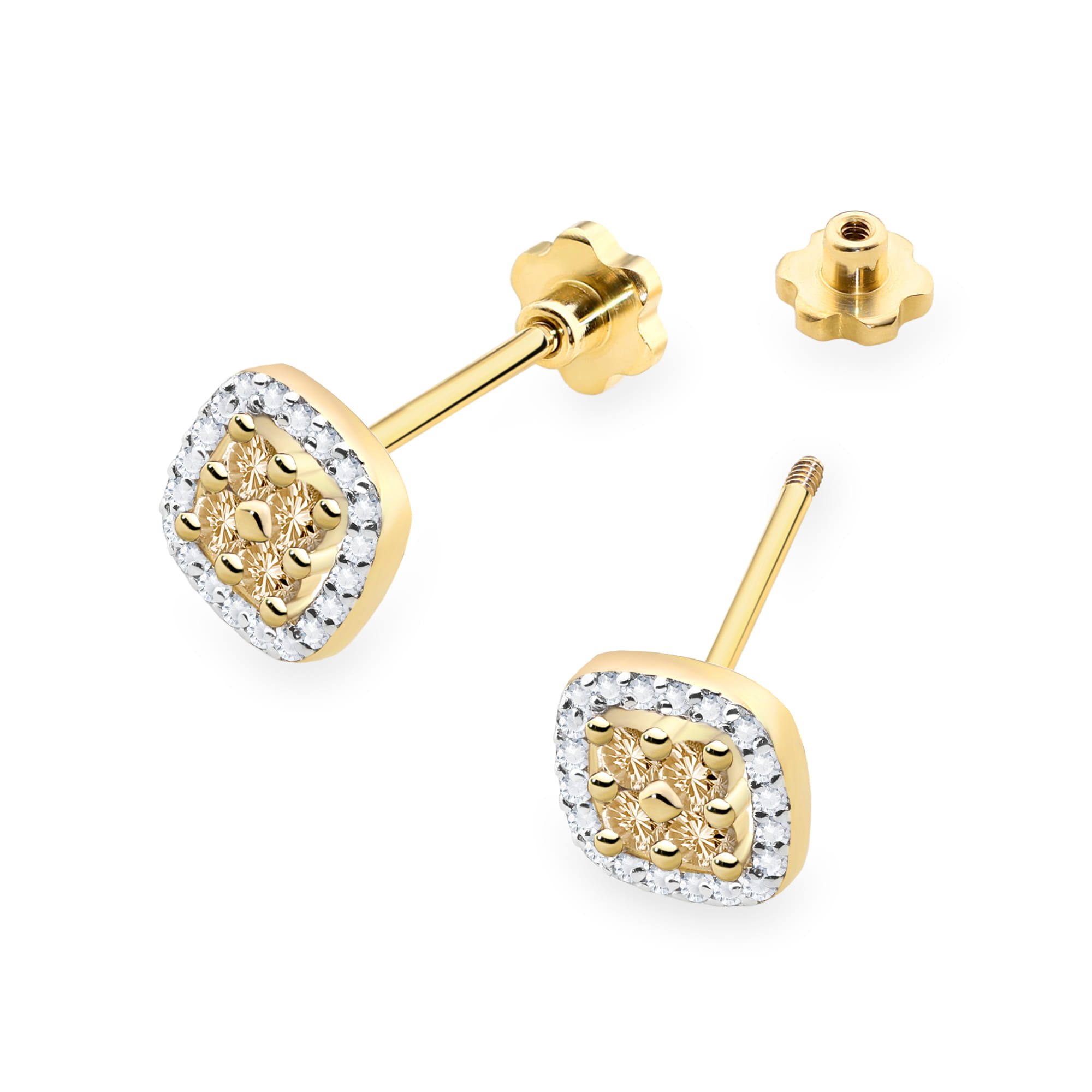 K0441.Z3.XXX.02_2 Złote kolczyki w kształcie kwadratów, ozdobione błyszczącymi kamieniami.