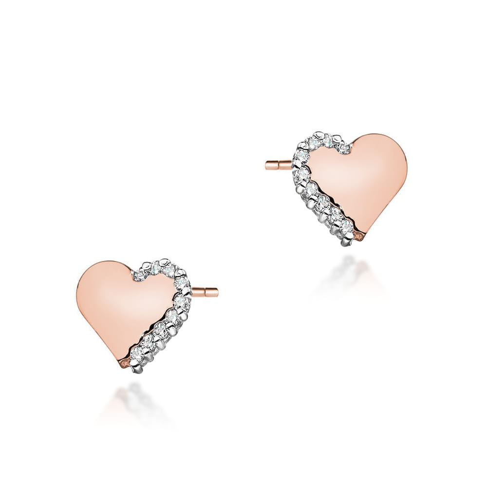 K0505.R3.DIW.01_1 Różowe serduszka kolczyków ozdobione błyszczącymi kryształkami.