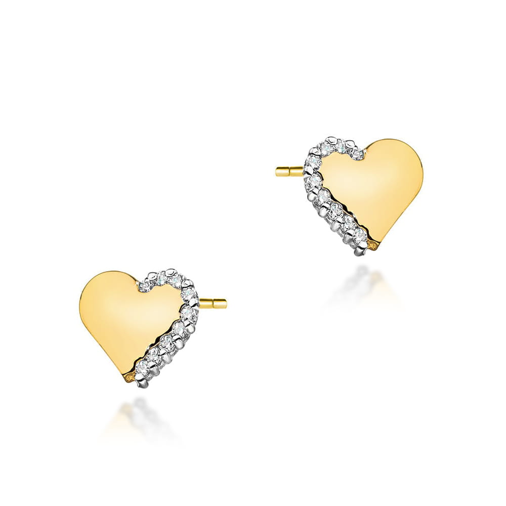 K0505.Z3.DIW.01_1 Złote kolczyki w kształcie serca z diamentowym wykończeniem.