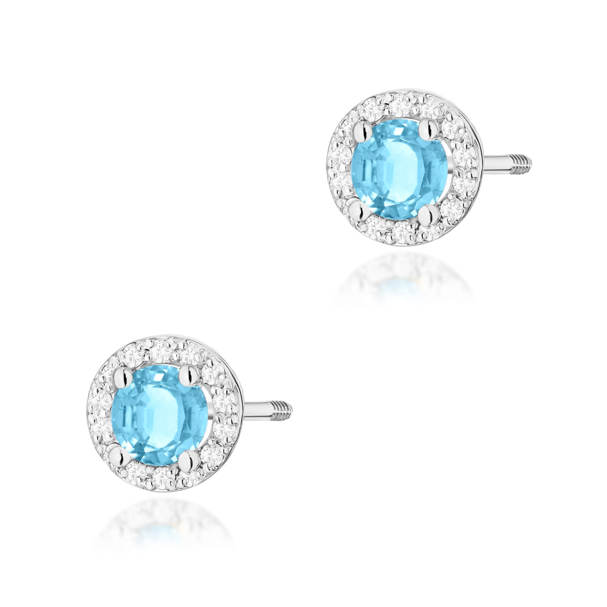 K0509.B3.TOB.02_1 Srebrne kolczyki z niebieskim kamieniem otoczonym błyszczącymi cyrkoniami.