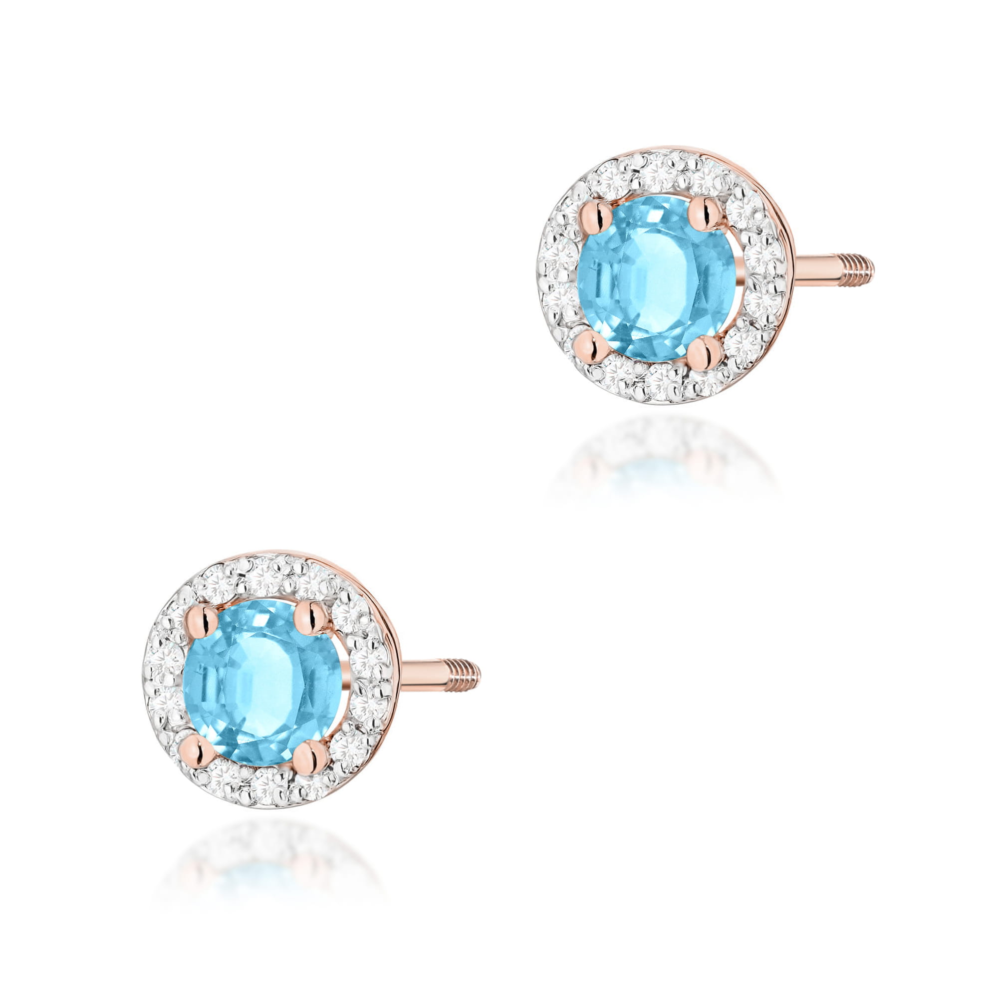 K0509.R3.TOB.02_1 Kolczyki z niebieskim kamieniem otoczonym diamentowymi cyrkoniami w różowym złocie.