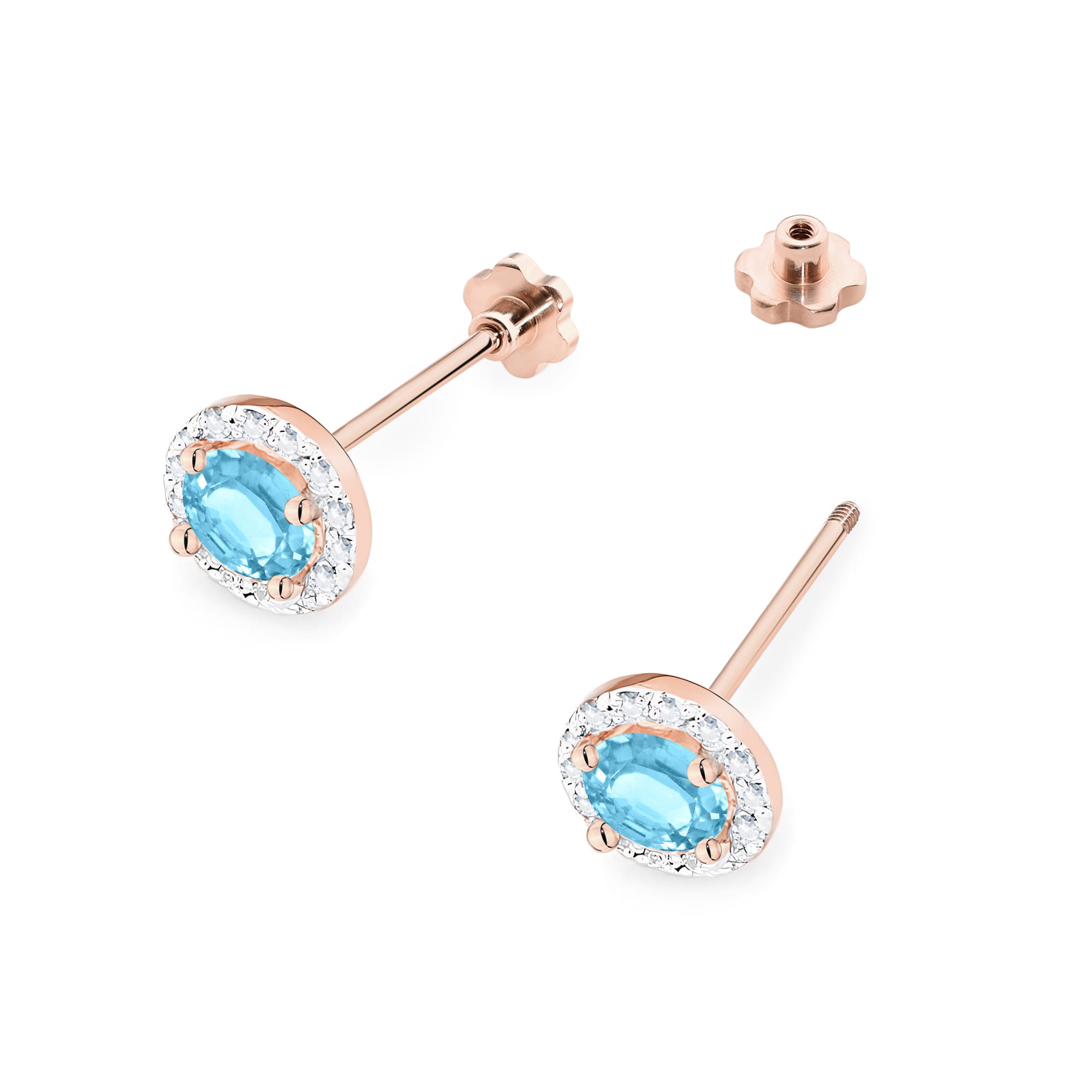 K0509.R3.TOB.02_2 Kolczyki w różowym złocie z niebieskim kamieniem otoczonym błyszczącymi cyrkoniami.