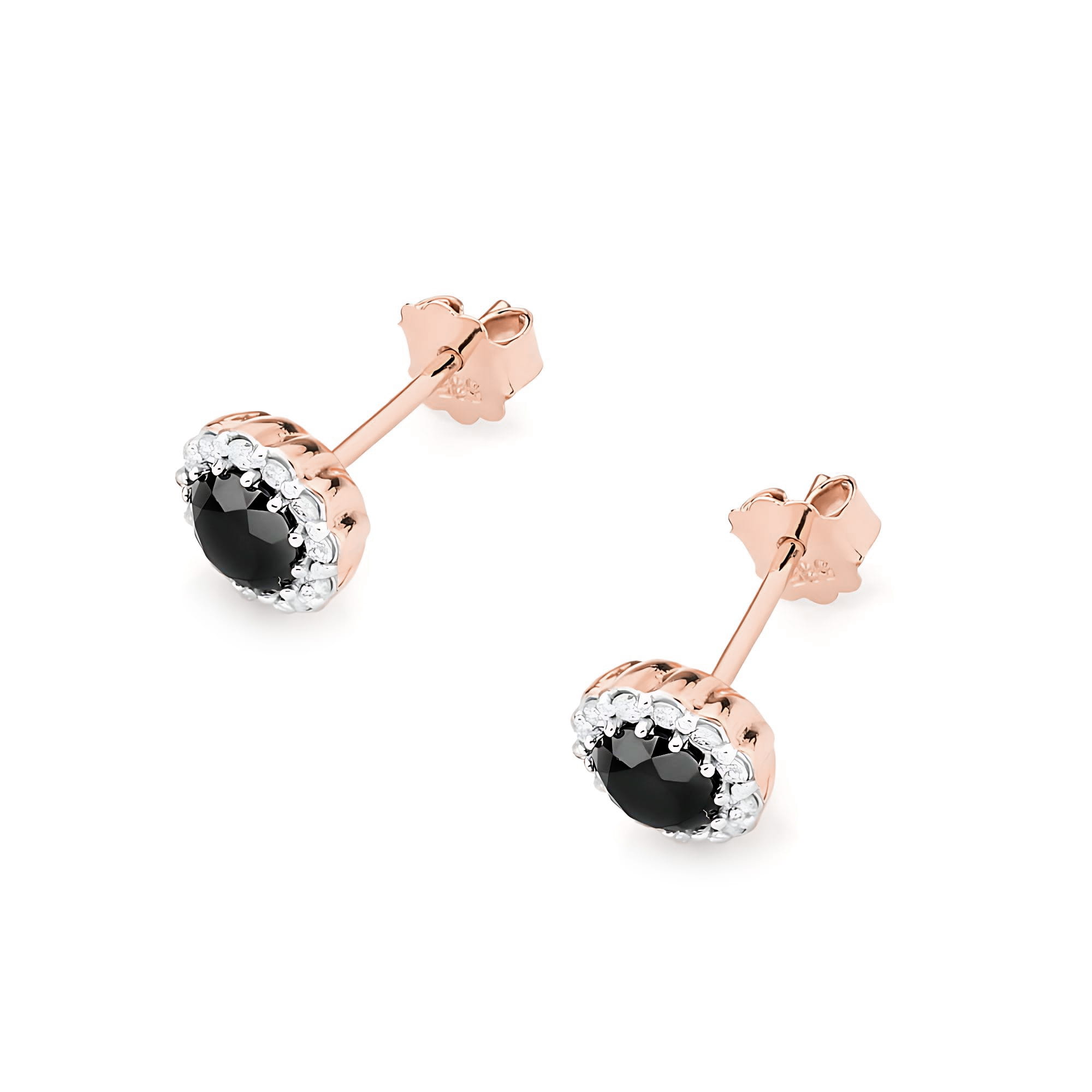 K0510.R3.DIB.01_2 Kolczyki w kolorze różowego złota z czarnymi kamieniami otoczonymi drobnymi, błyszczącymi kryształkami.