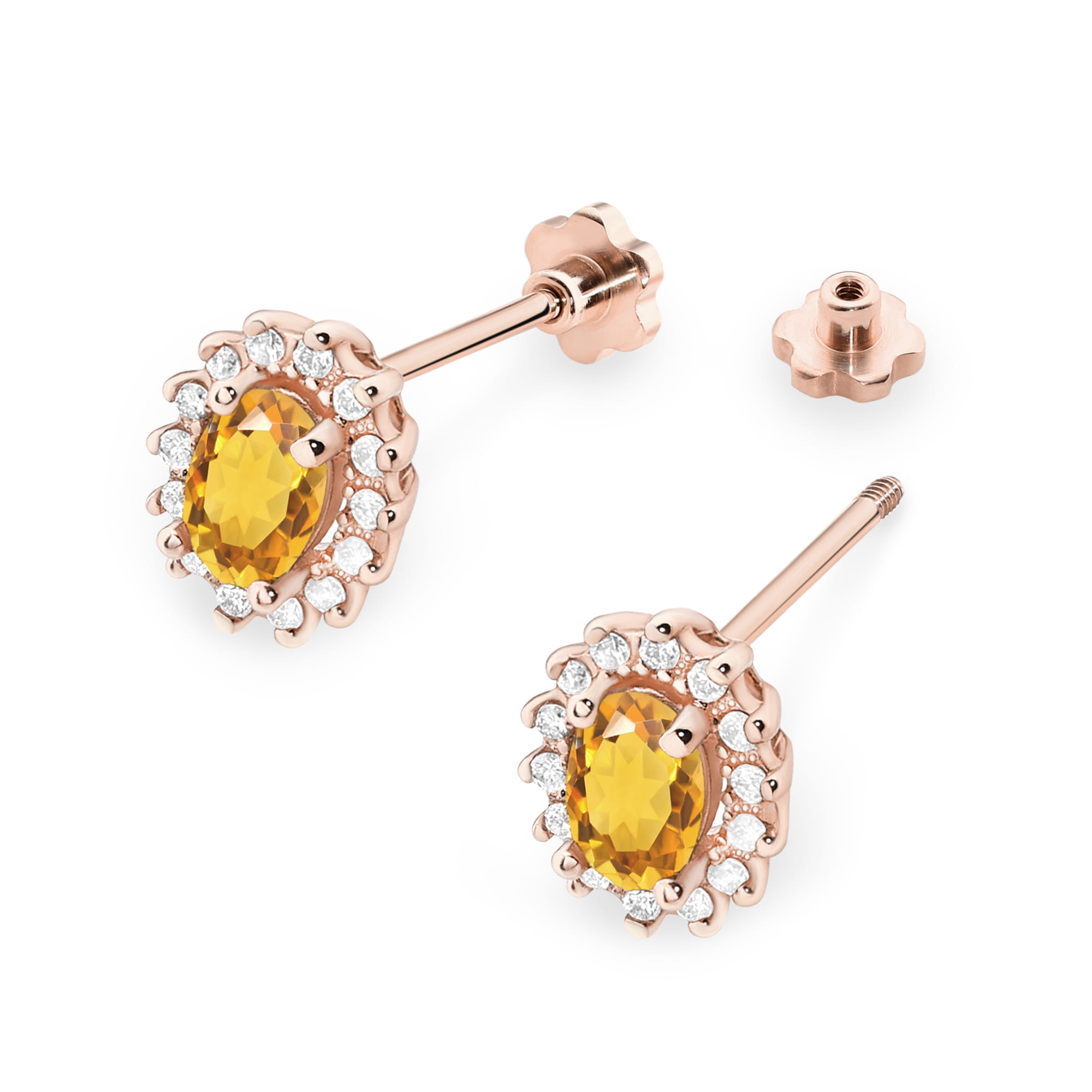 K0514.R3.CIY.02_2 Złote kolczyki z żółtym kamieniem w kształcie owalnym, otoczone błyszczącymi diamentami.