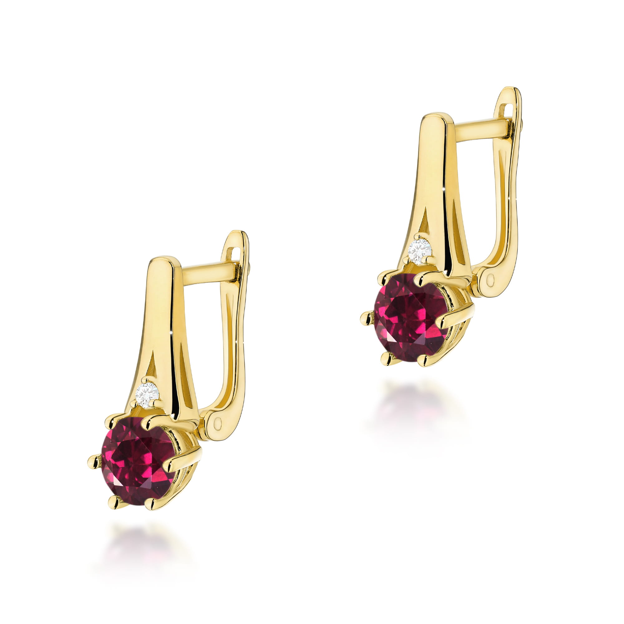 K0572.Z3.RHR.01_1 Złote kolczyki z rubinami i diamentami, elegancki design z delikatnym połyskiem.