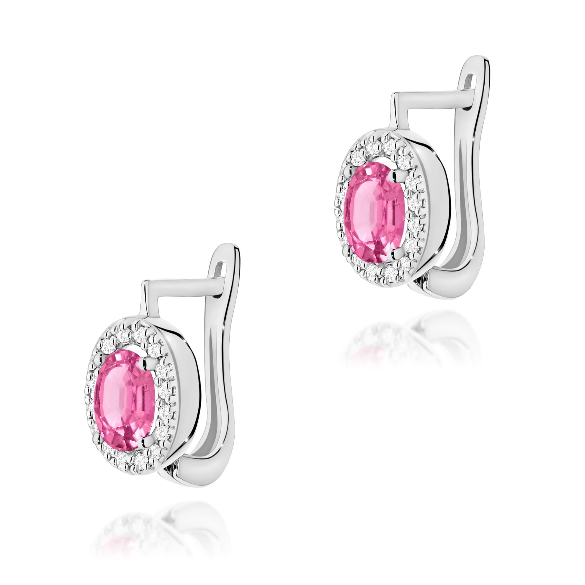 K0574.B3.TOP.01_1 Srebrne kolczyki z różowymi kamieniami otoczonymi drobnymi diamentami.