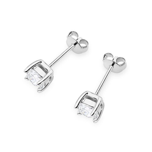 Srebrne kolczyki wkrętki z przezroczystymi, diamentowymi kamieniami w eleganckim, minimalistycznym stylu.