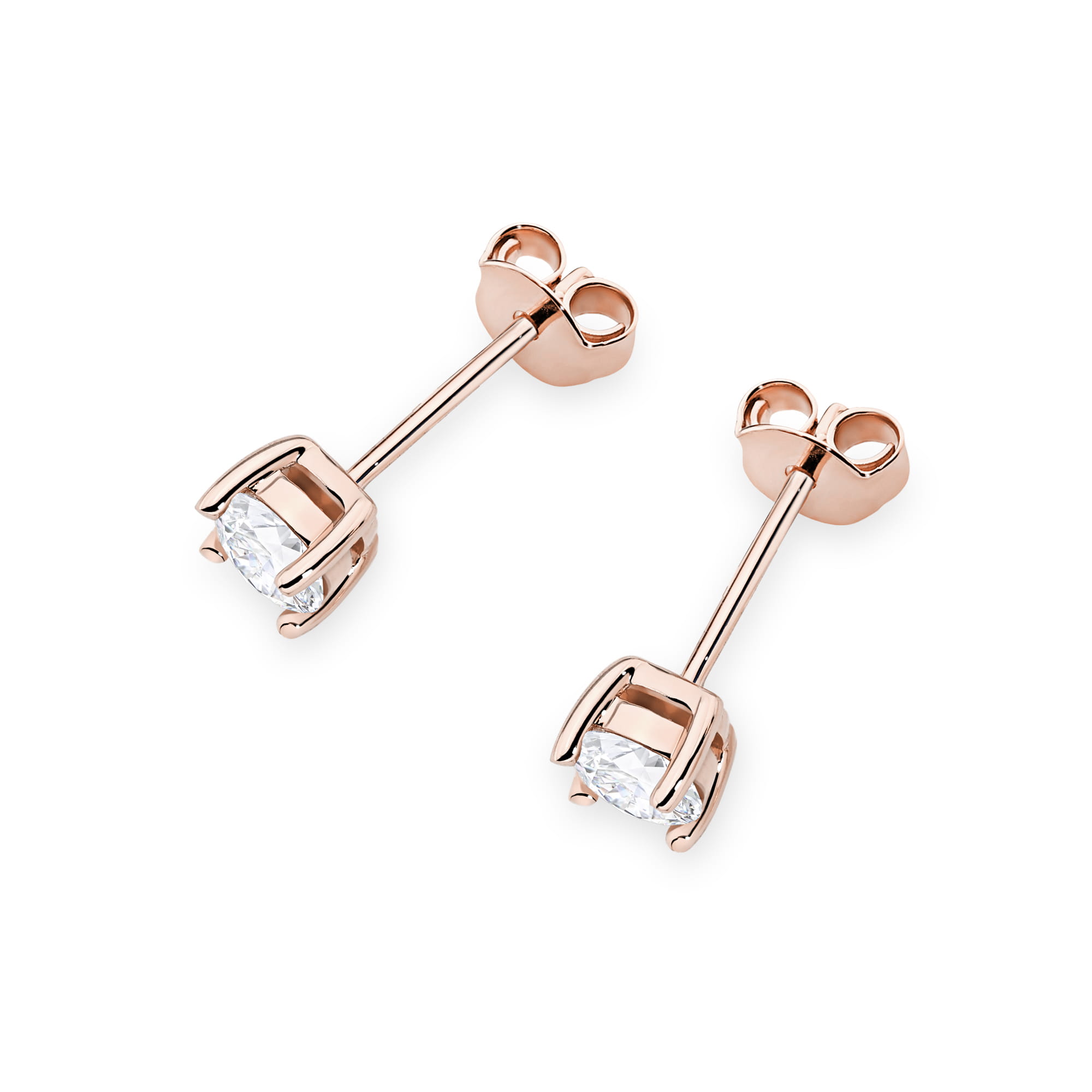 K0577.R3.LDW.03_2 Różowe złote kolczyki z przezroczystymi kamieniami w kształcie diamentów.