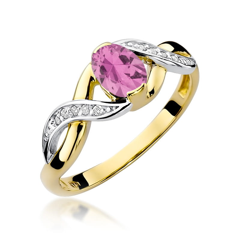 W0028.Z3.SAP.01_1 Złoty pierścionek z różowym kamieniem w kształcie owalnym i diamentowymi zdobieniami.