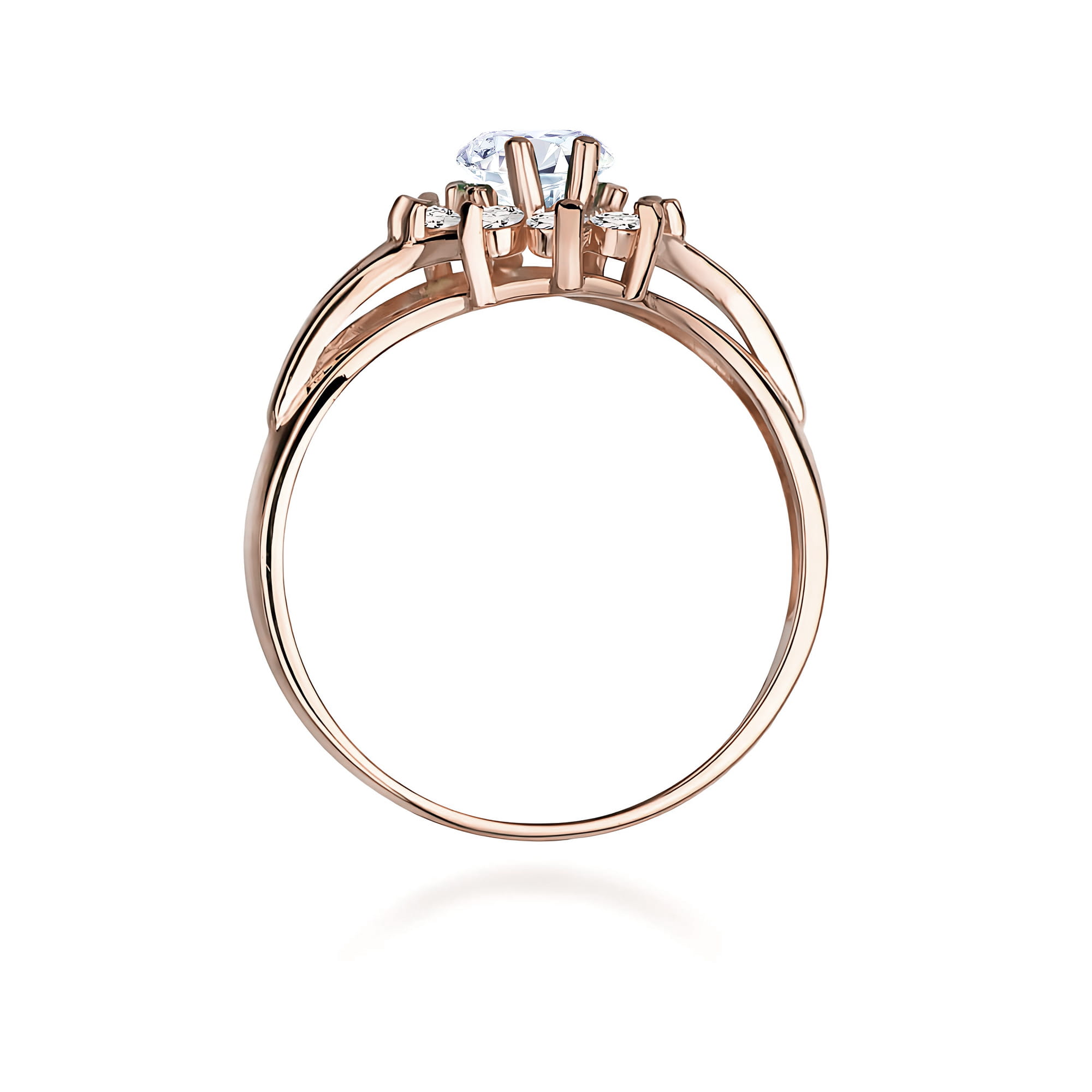 W0037.R3.LDW.01_3 Złoty pierścionek z dużym diamentem i mniejszymi kamieniami, elegancko wyprofilowany.