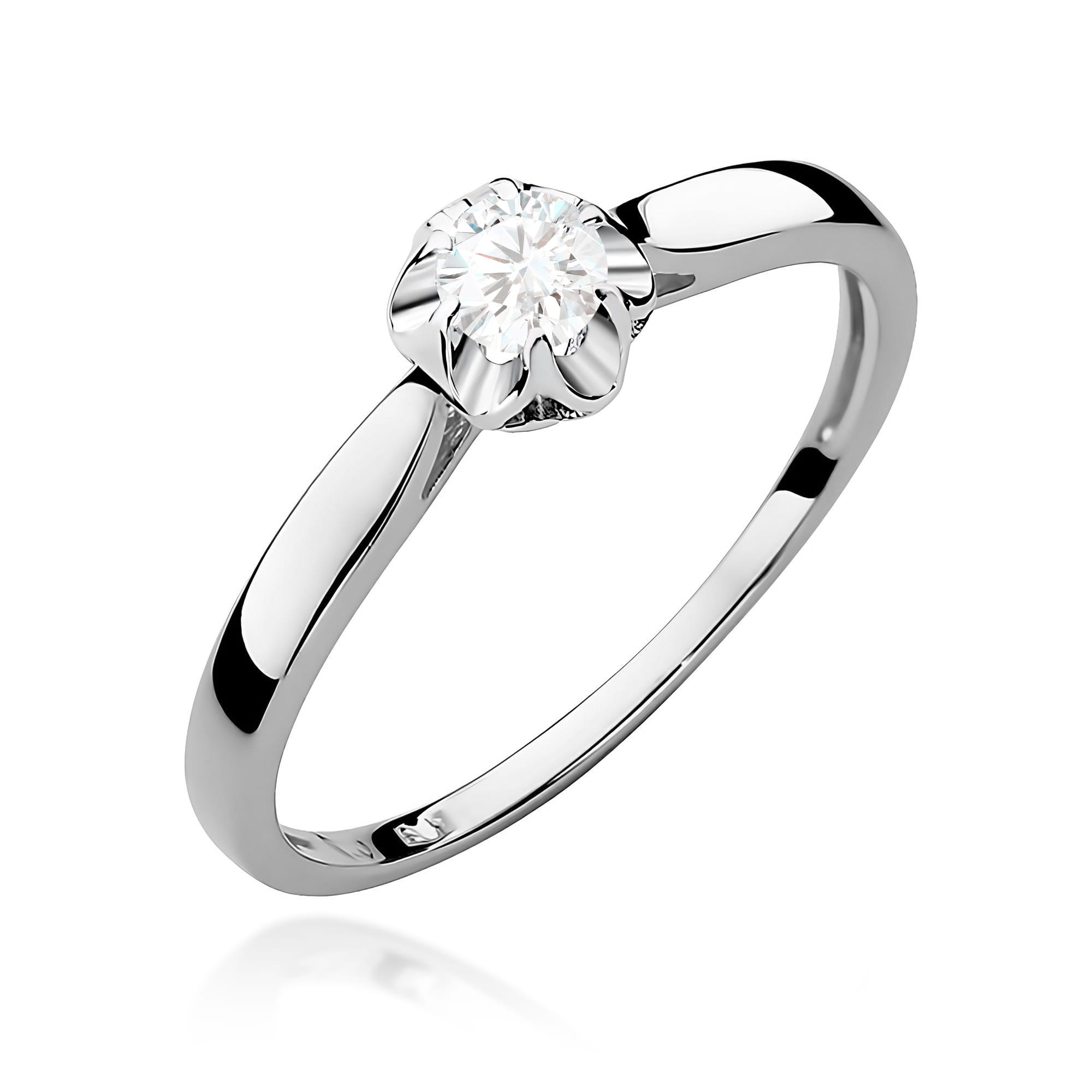 W0062.B3.LDW.01_1 Srebrny pierścionek z diamentem w kształcie kwiatu na delikatnej obrączce.