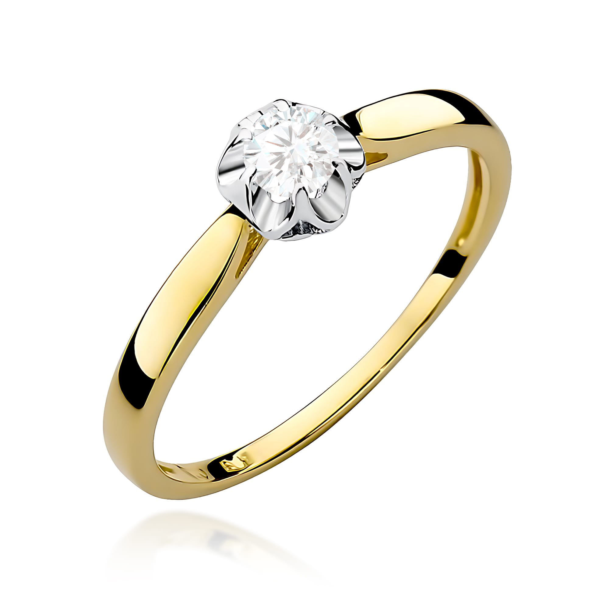 W0062.Z3.LDW.01_1 Złoty pierścionek z diamentem w kształcie kwiatu, błyszczący i elegancki.