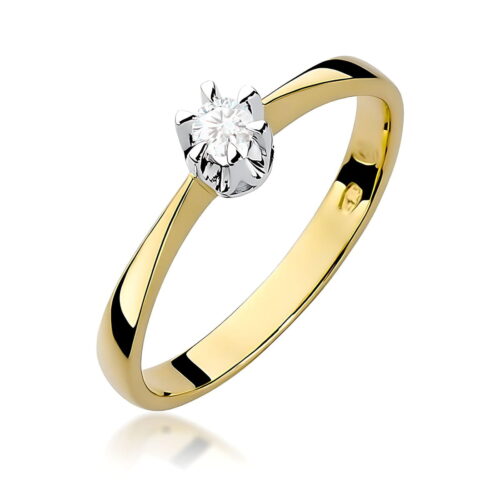 Złoty pierścionek z diamentem osadzonym w eleganckiej koronie.
