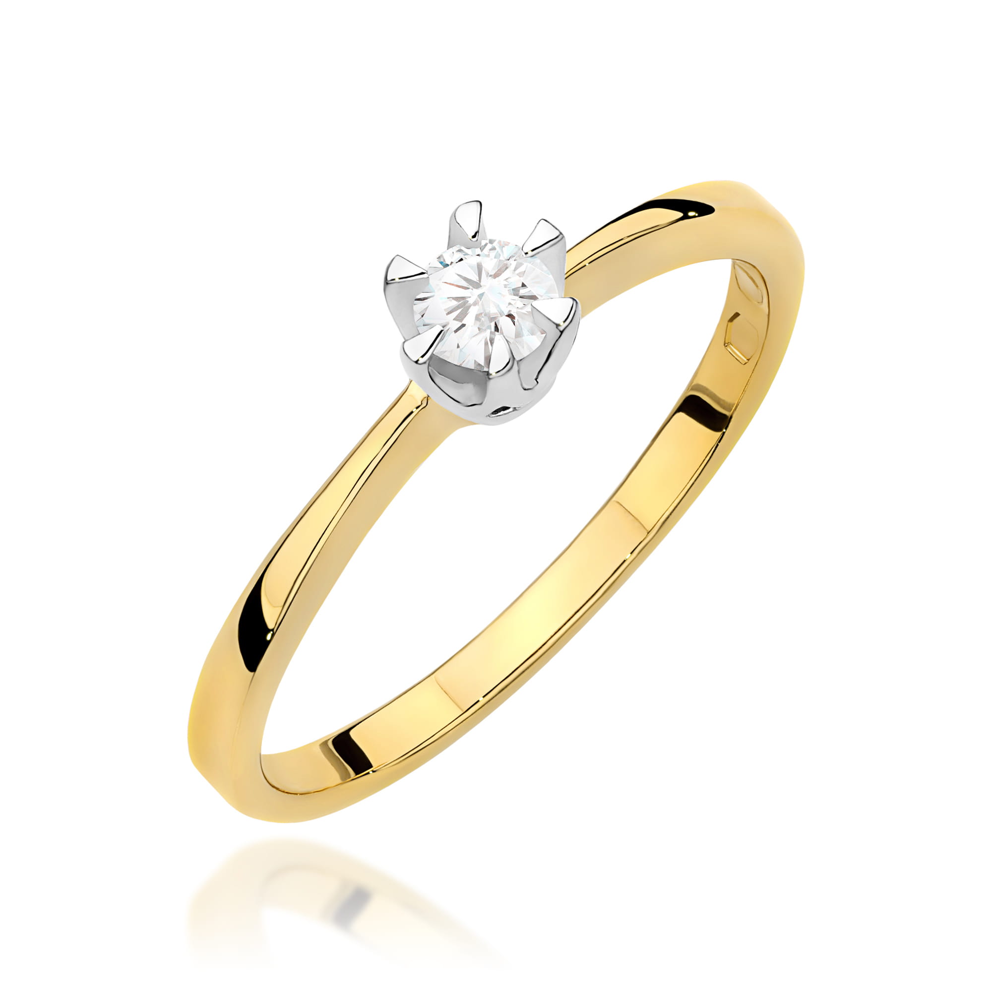 W0111.Z3.DIW.06_1 Złoty pierścionek z diamentem osadzonym w srebrnej koronie.