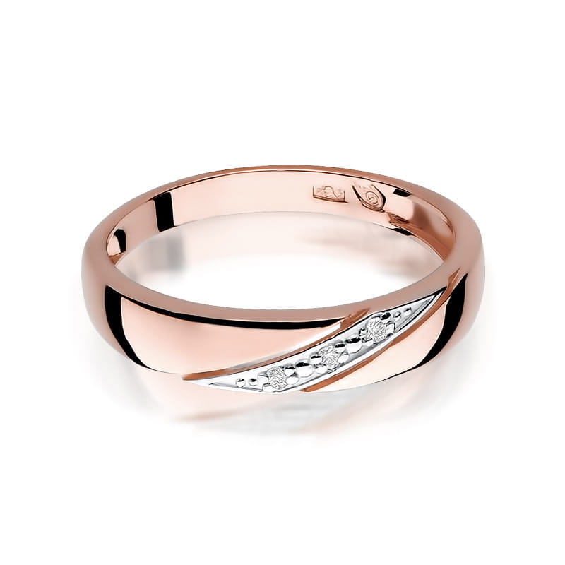 W0118.R3.DIW.01_2 Różowe złote obrączka z delikatnym, srebrnym wzorem na powierzchni.