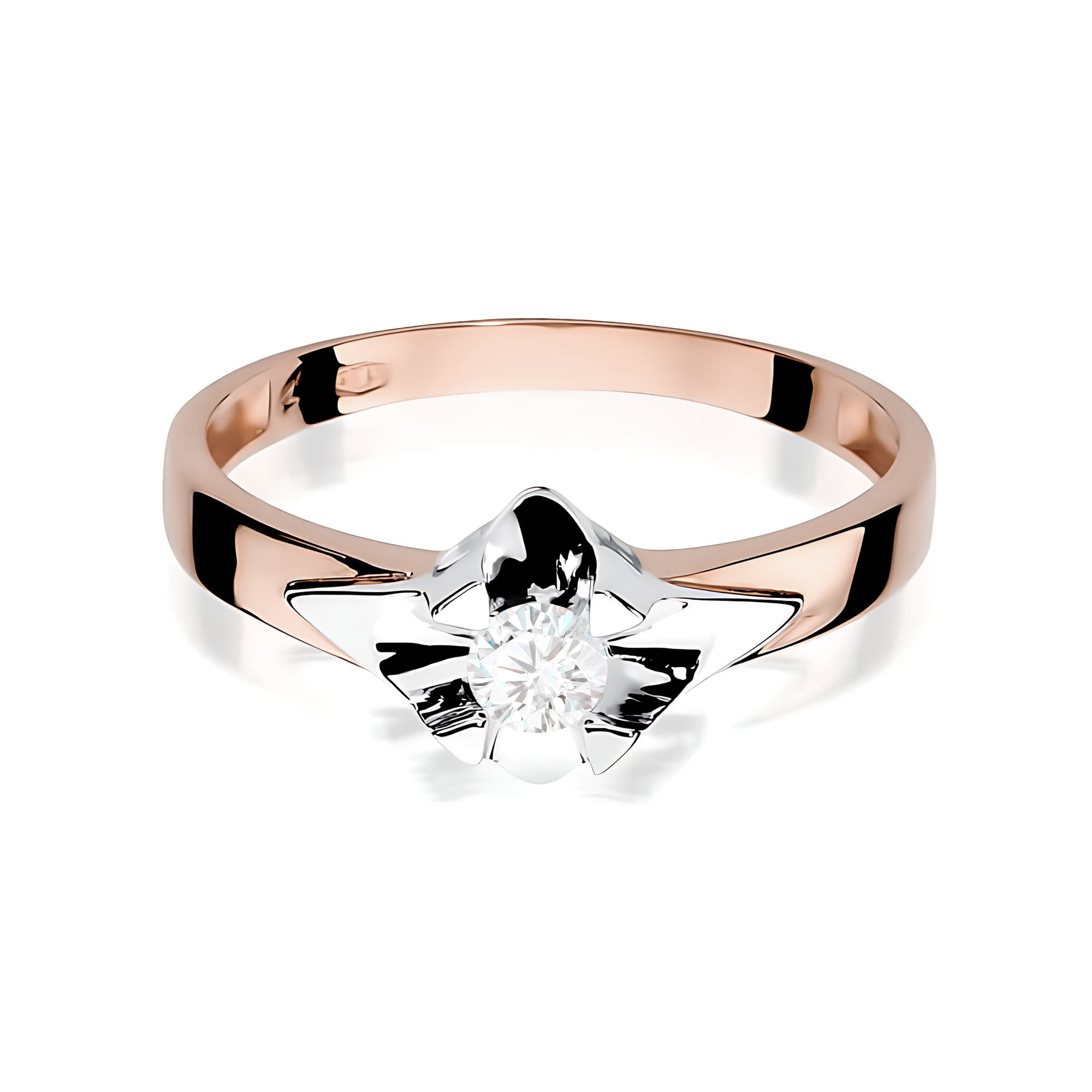 W0155.R3.DIW.04_2 Pierścionek z różowego złota z błyszczącym, diamentowym kamieniem w kształcie kwiatu.