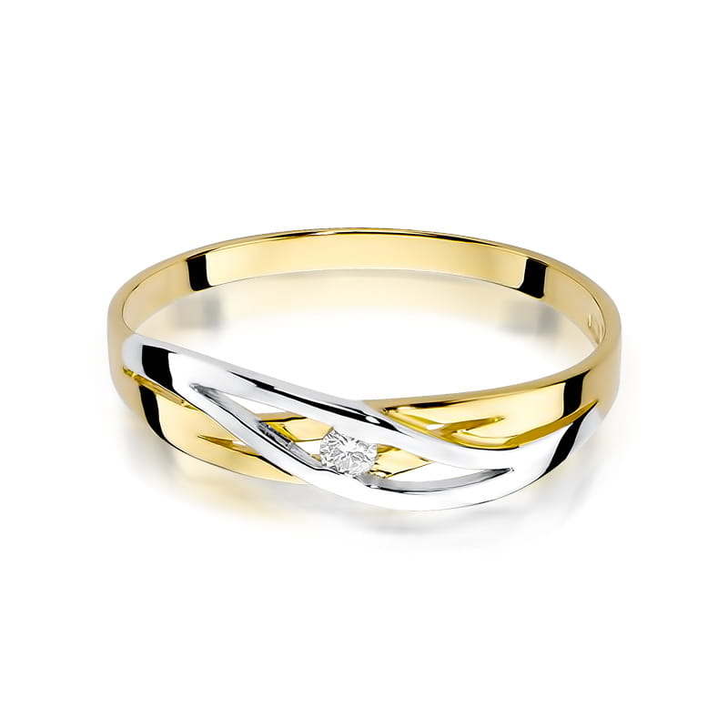 W0156.Z3.DIW.01_2 Złota obrączka z białym akcentem i diamentem, o eleganckim, falistym kształcie.