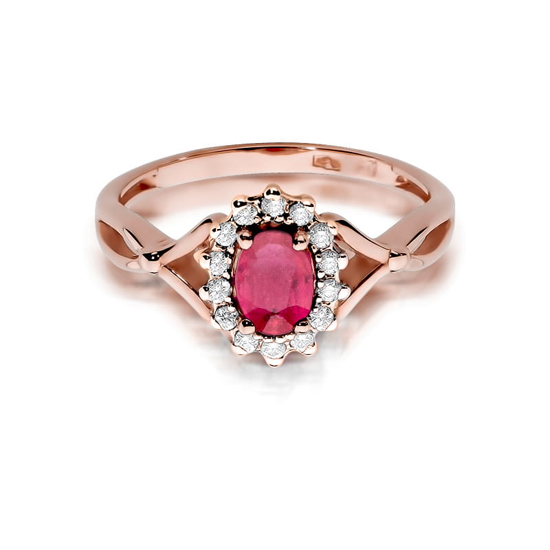W0182.R3.RUR.01_2 Różowa pierścionek z rubinem otoczonym diamentami w złotej oprawie.