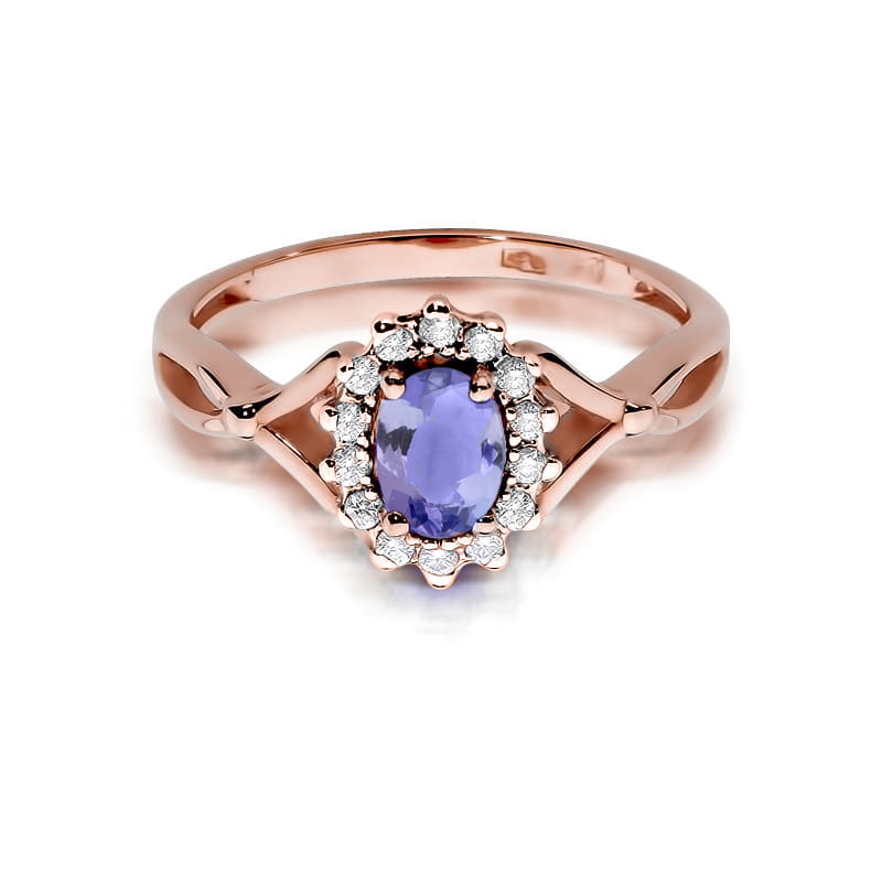 W0182.R3.TAP.01_2 Różowe złote pierścionek z owalnym fioletowym kamieniem otoczonym diamentami.