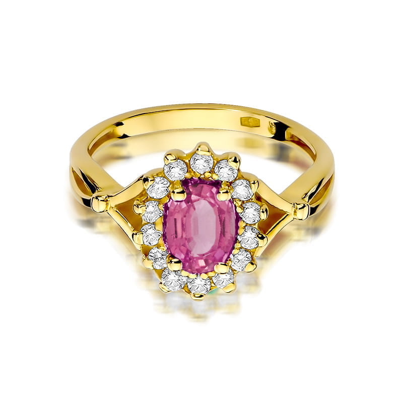 W0182.Z3.TOP.01_2 Złoty pierścionek z różowym kamieniem szlachetnym otoczonym diamentami.