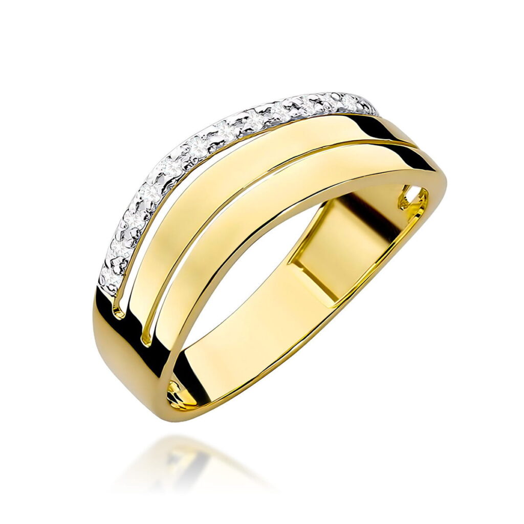 Złoty pierścionek z diamentowym wstawieniem, elegancki i nowoczesny w designie.