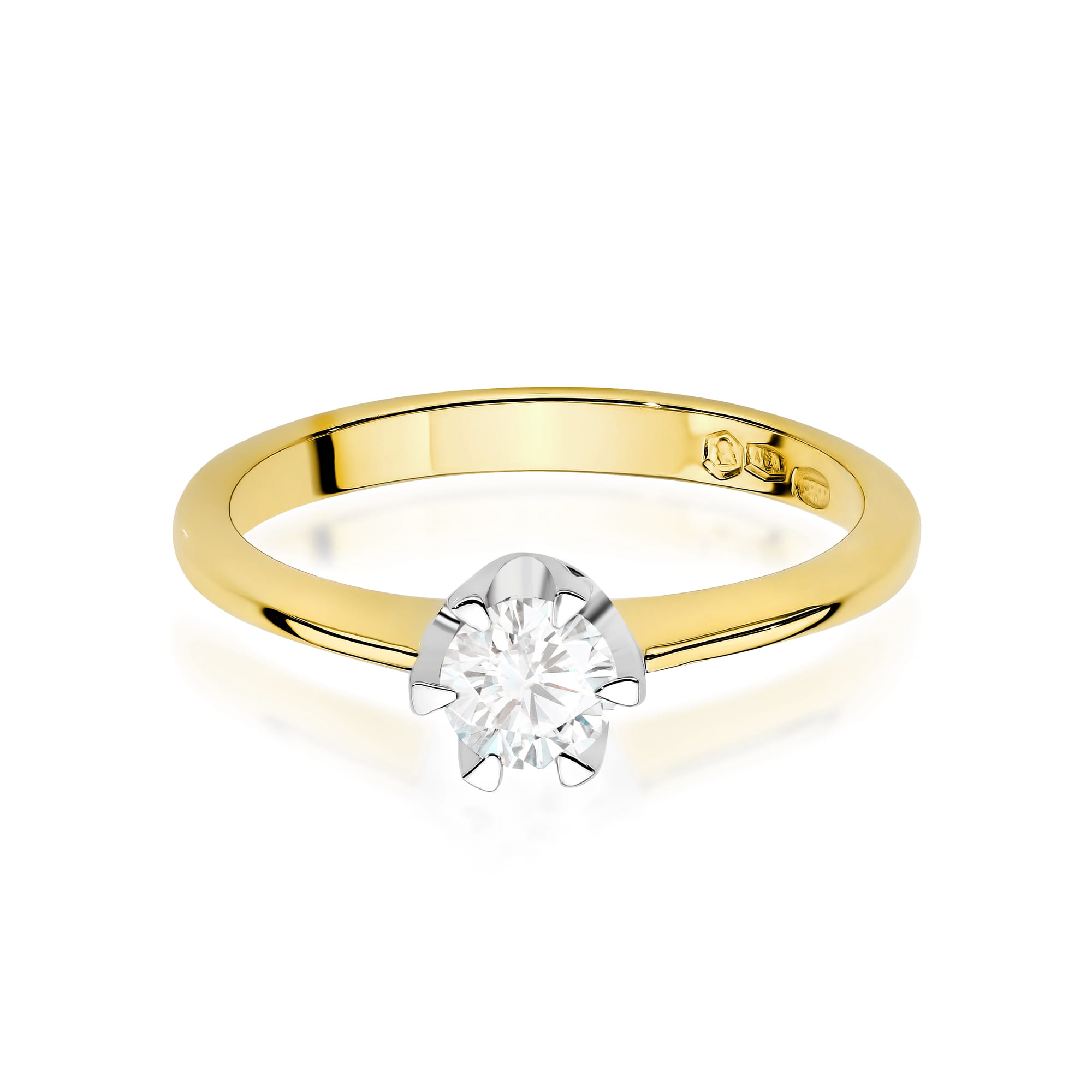 W0220.Z3.DIW.10_2 Złoty pierścionek z diamentem osadzonym w srebrnej koronie.