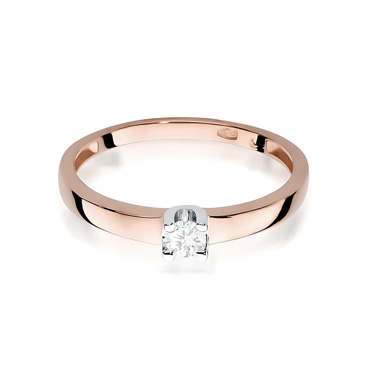 W0225.R3.DIW.03_2 Różowe złote pierścionek z diamentem umieszczonym na środku, o prostym, eleganckim designie.