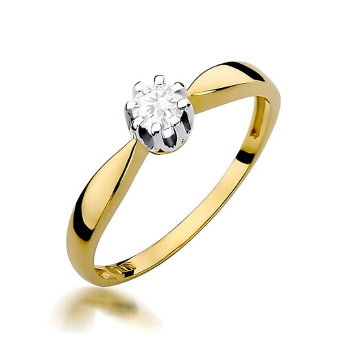 Złoty pierścionek z diamentem osadzonym w srebrnej koronie, o eleganckim, minimalistycznym designie.