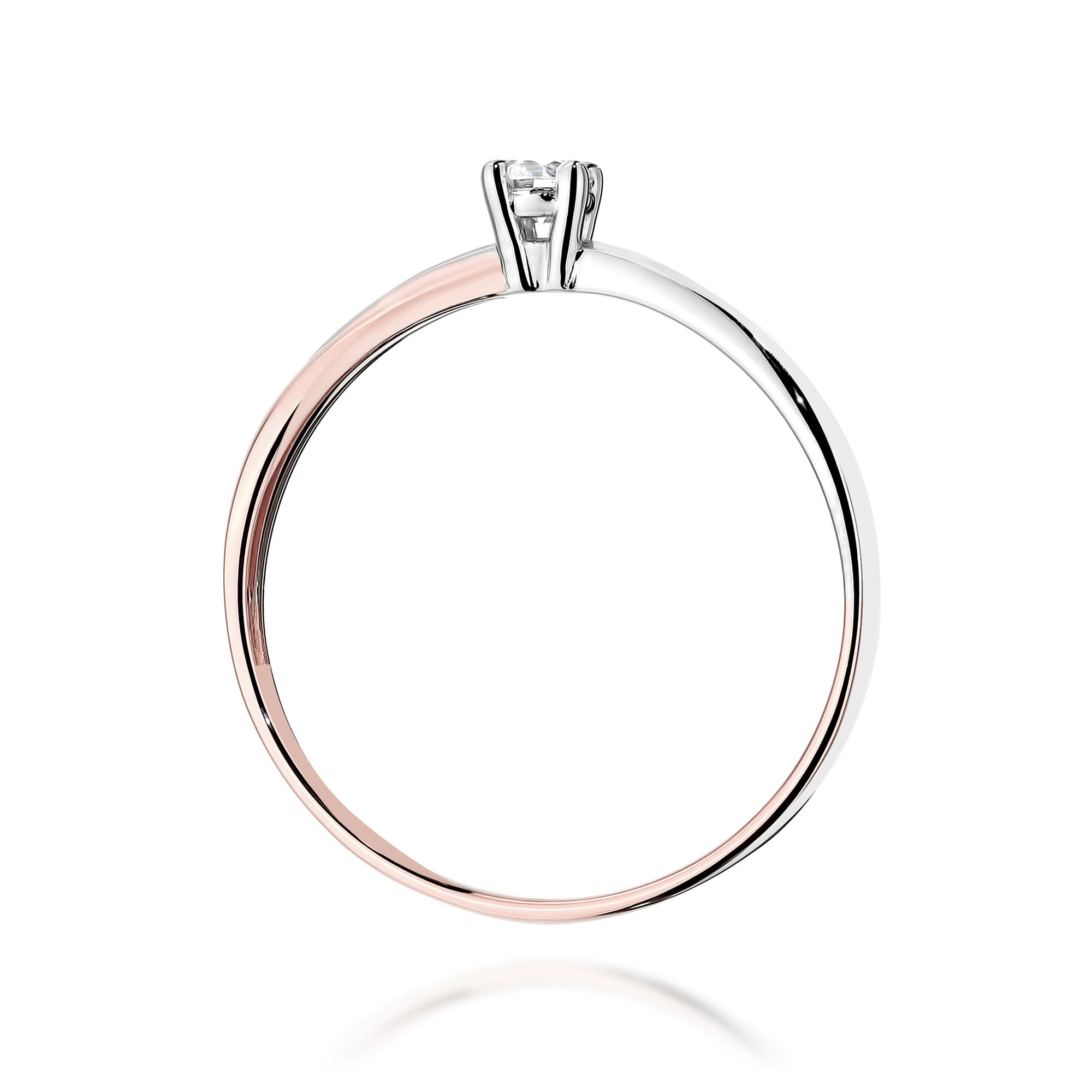 W0230.R3.LDW.02_3 Pierścionek z diamentem, wykonany z białego i różowego złota, z delikatnym, eleganckim wykończeniem.