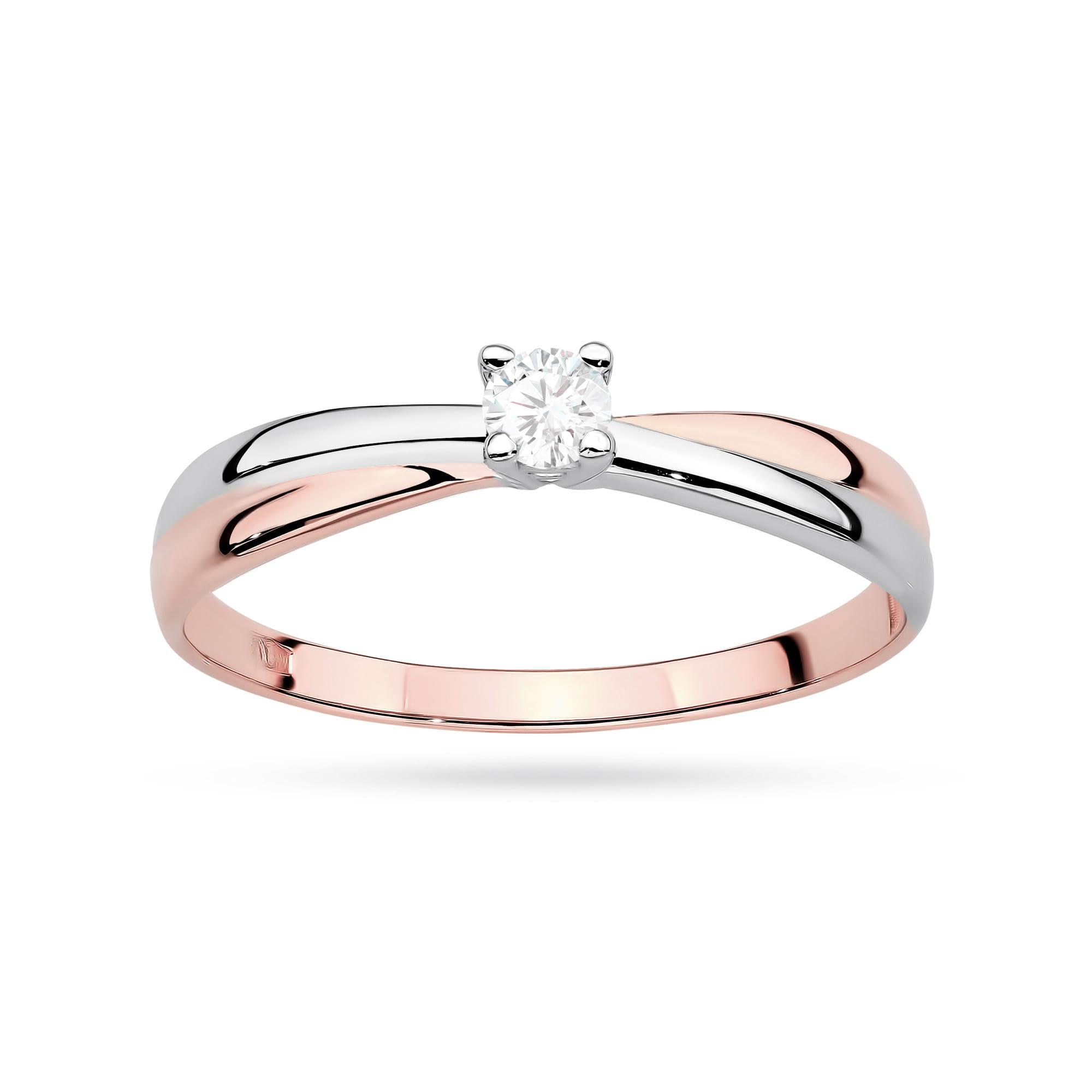 W0230.R3.LDW.02_4 Pierścionek z diamentem, z dwukolorowym złotem: srebrnym i różowym, o eleganckim, skręconym wzorze.