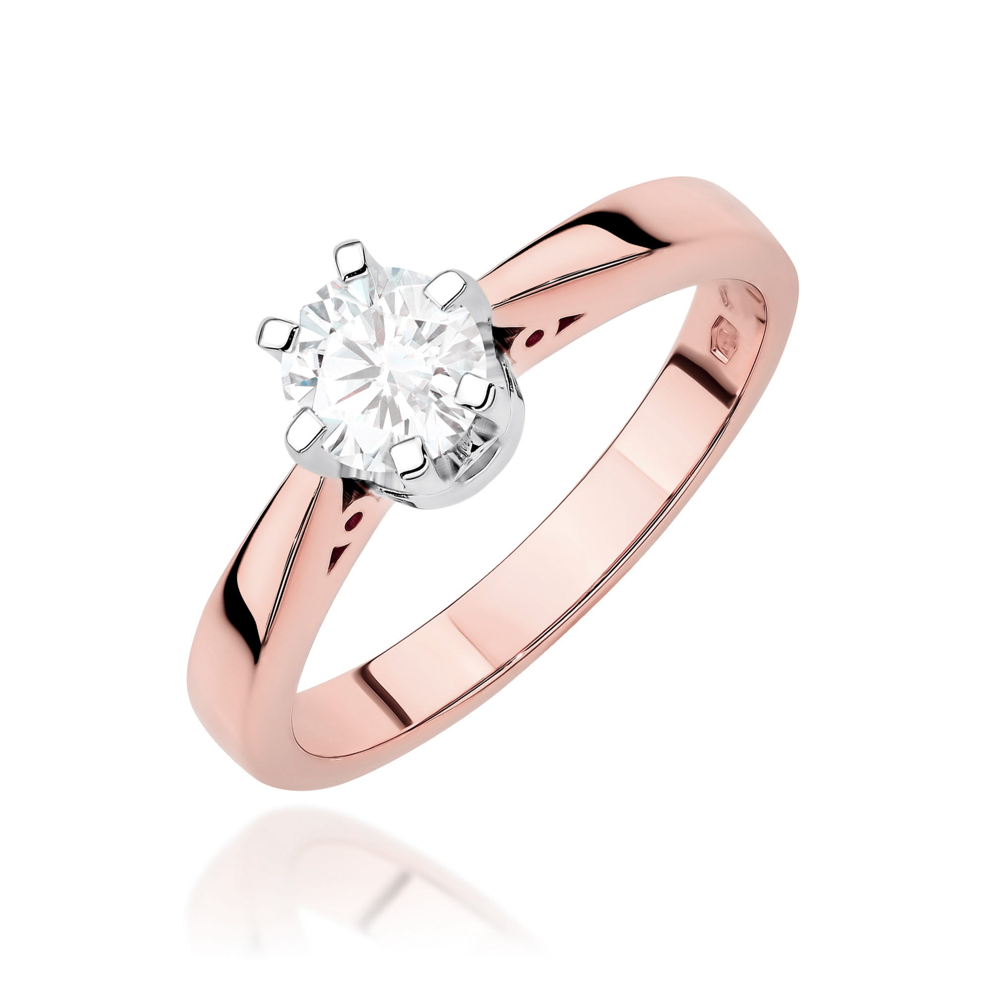 W0234.R3.LDW.06_1 Pierścionek zaręczynowy z okrągłym diamentem osadzonym w białym złocie na różowym złocie.