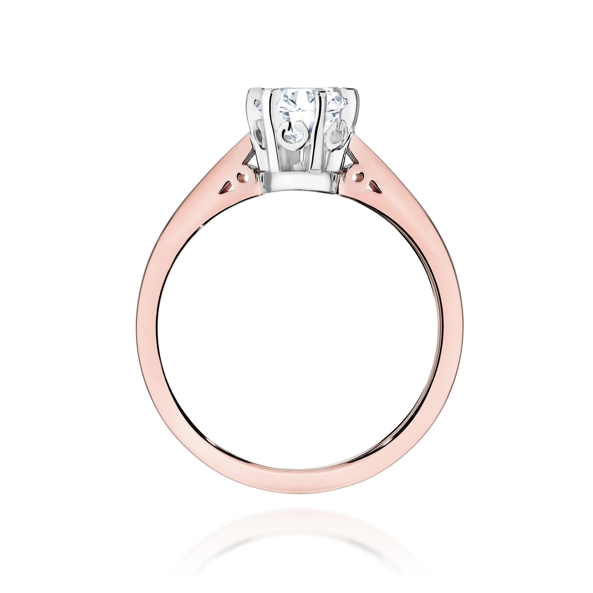 W0234.R3.LDW.06_3 Pierścionek zaręczynowy z różowego złota, ozdobiony dużym, przezroczystym diamentem w srebrnej oprawie.