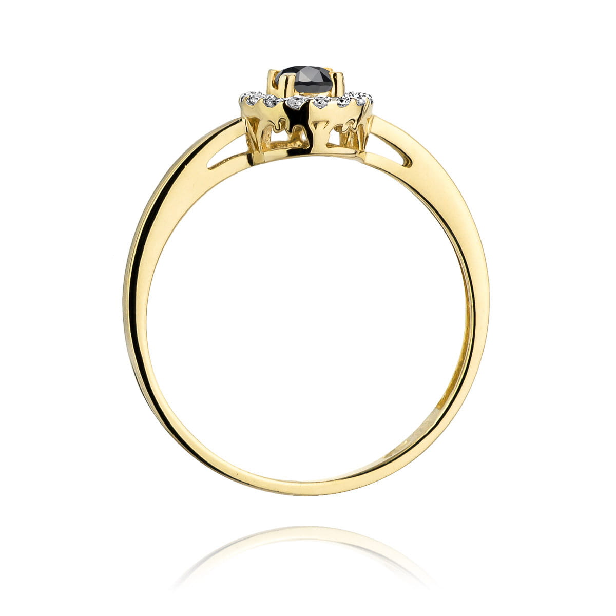 W0238.Z3.DIB.01_3 Złoty pierścionek z czarnym kamieniem i diamentowymi zdobieniami na koronie.