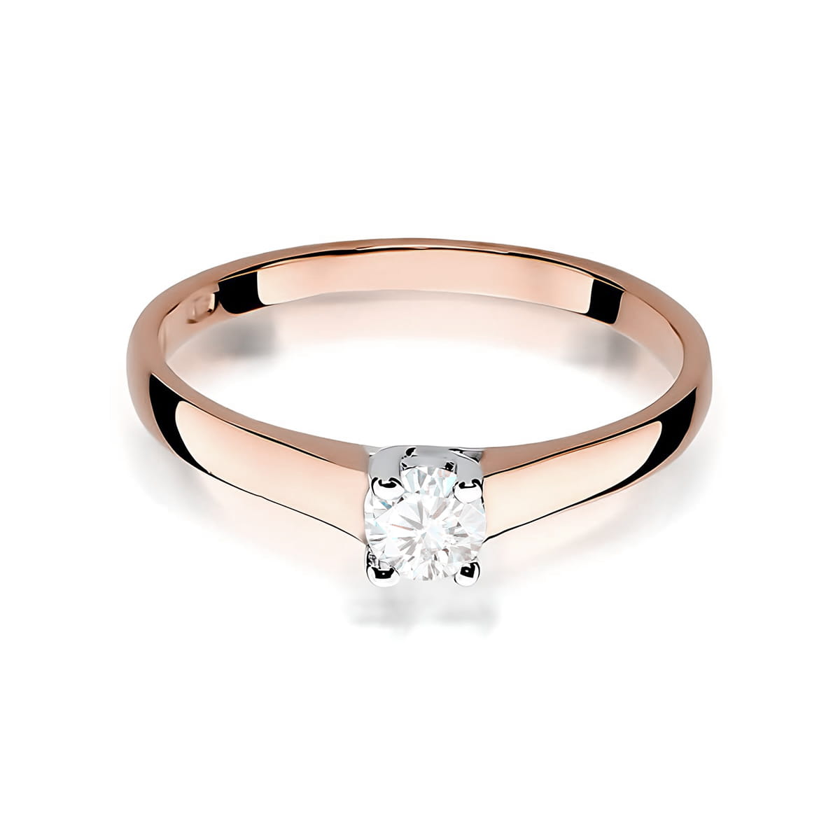 W0239.R3.DIW.01_2 Pierścionek z różowego złota z pojedynczym, okrągłym diamentem na szczycie.