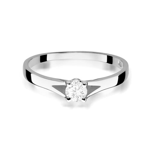 Srebrny pierścionek z okrągłym diamentem osadzonym w prostym, eleganckim wzorze.