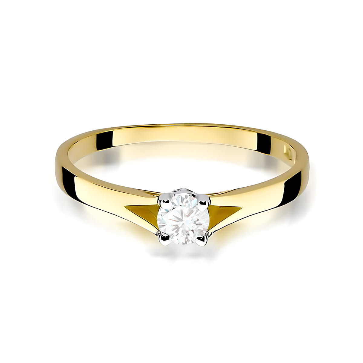 W0240.Z3.LDW.01_2 Złoty pierścionek z diamentem w centralnej części, o prostym, eleganckim designie.