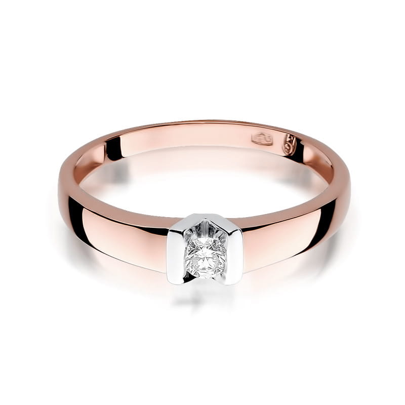 W0249.R3.DIW.01_2 Złoty pierścionek z diamentem, o prostym, eleganckim designie w różowym i białym złocie.