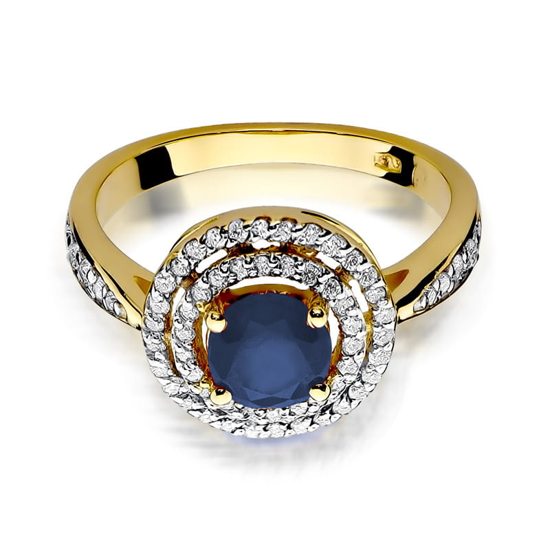W0274.Z3.SAB.01_2 Złoty pierścionek z niebieskim kamieniem w centralnej części, otoczony diamentowymi zdobieniami.