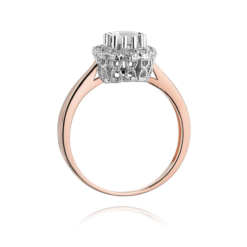 W0284.R3.SAW.01_3 Złoty pierścionek z diamentowym oczkiem i ozdobnym, srebrnym szczytem.