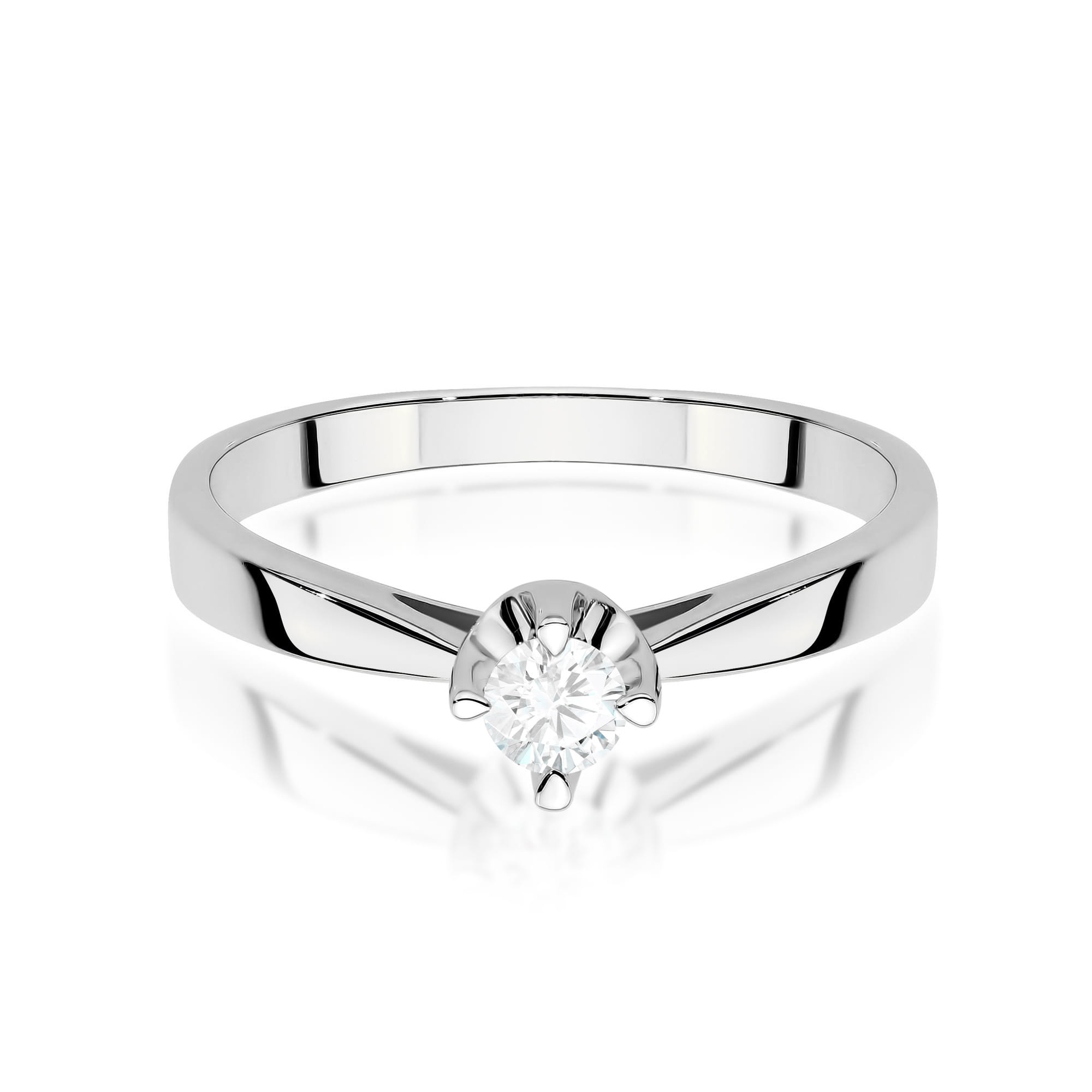 W0293.B3.LDW.01_2 Srebrny pierścionek z pojedynczym, okrągłym diamentem osadzonym w delikatnej koronie.