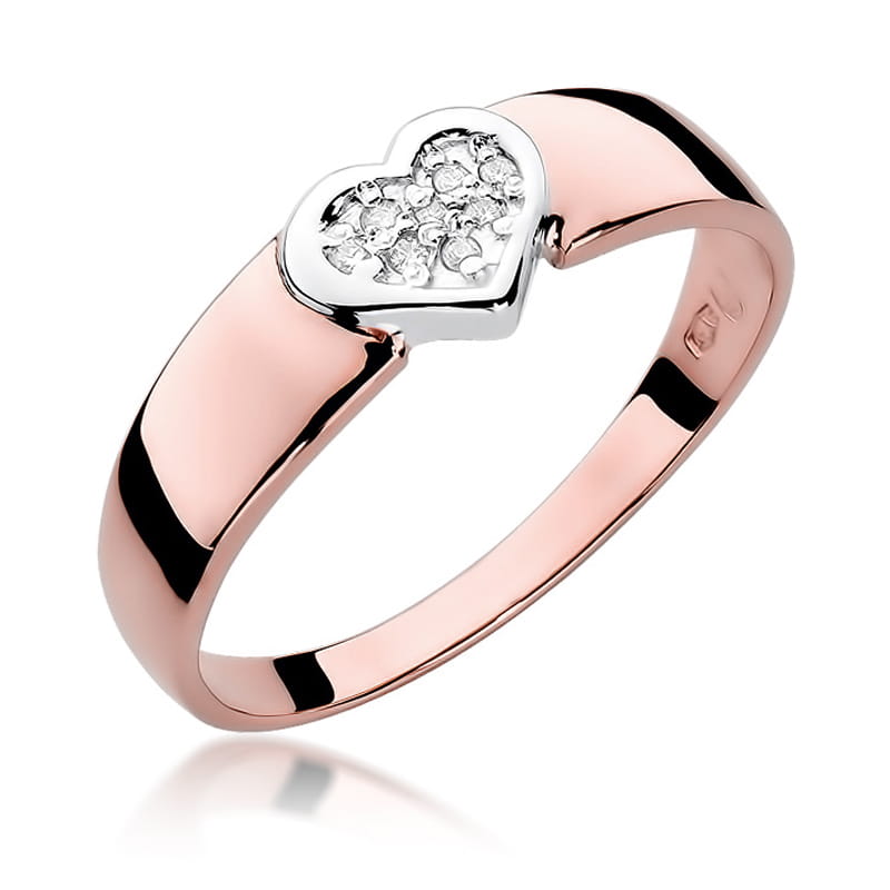 W0314.R3.DIW.01_1 Różowe złote pierścionek w kształcie serca z diamentowym wykończeniem.