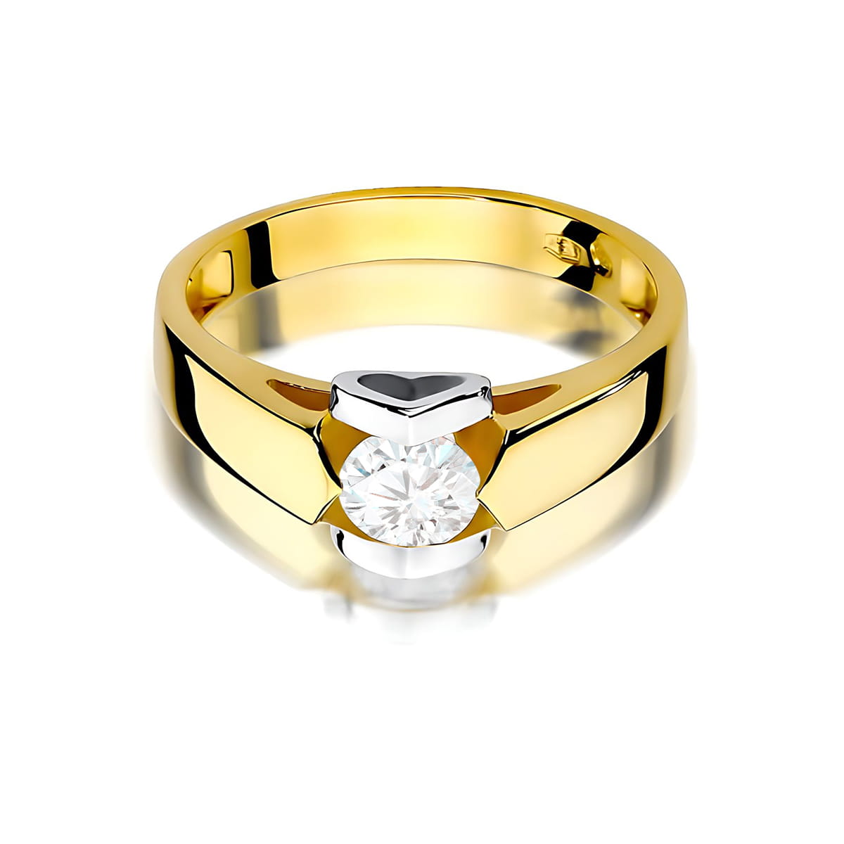 W0320.Z3.LDW.09_2 Złoty pierścionek z dużym, okrągłym diamentem osadzonym w srebrnej oprawie.