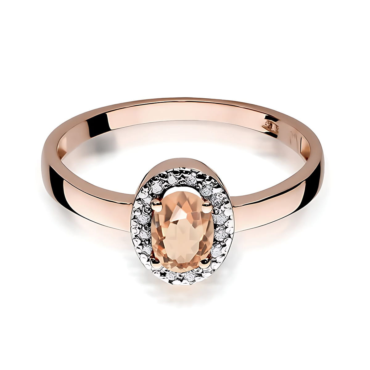 W0330.R3.MOP.01_2 Różowe złote pierścionek z owalnym, jasnoróżowym kamieniem otoczonym drobnymi diamentami.