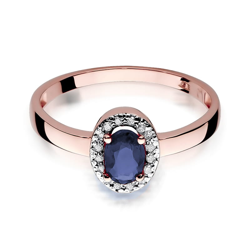 W0330.R3.SAB.01_2 Różowe złote pierścionek z owalnym, niebieskim kamieniem otoczonym diamentami.