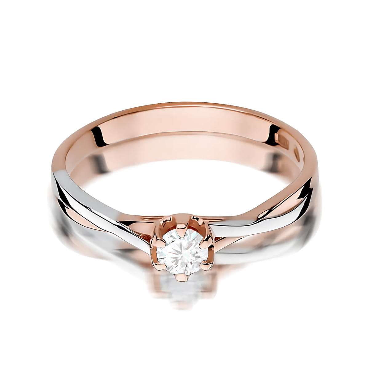 W0340.R3.LDW.05_2 Pierścionek z diamentem, wykonany z różowego i białego złota, o eleganckim, minimalistycznym designie.