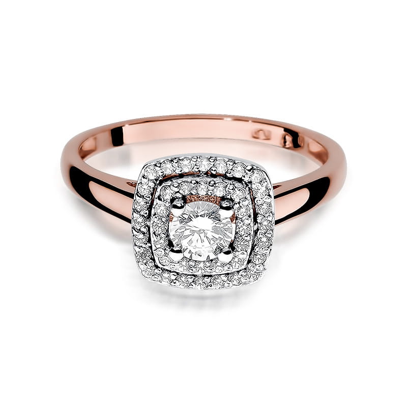 W0345.R3.DIW.01_2 Pierścionek z różowego złota z centralnym diamentem otoczonym mniejszymi diamentami w kwadratowej oprawie.