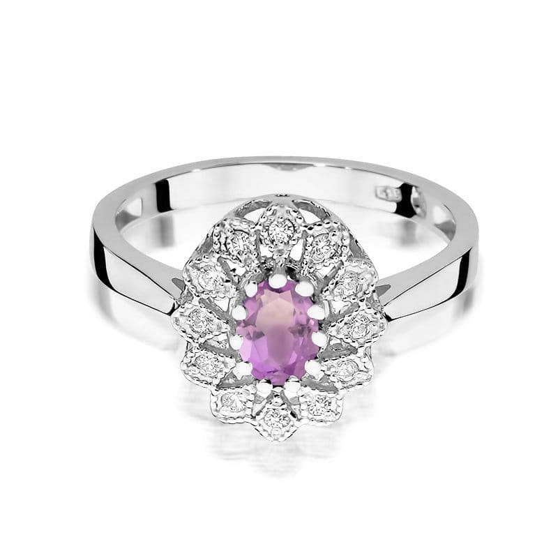 W0354.B3.AMV.01_2 Srebrny pierścionek z różowym kamieniem w kształcie owalnym, otoczony diamentowymi zdobieniami.