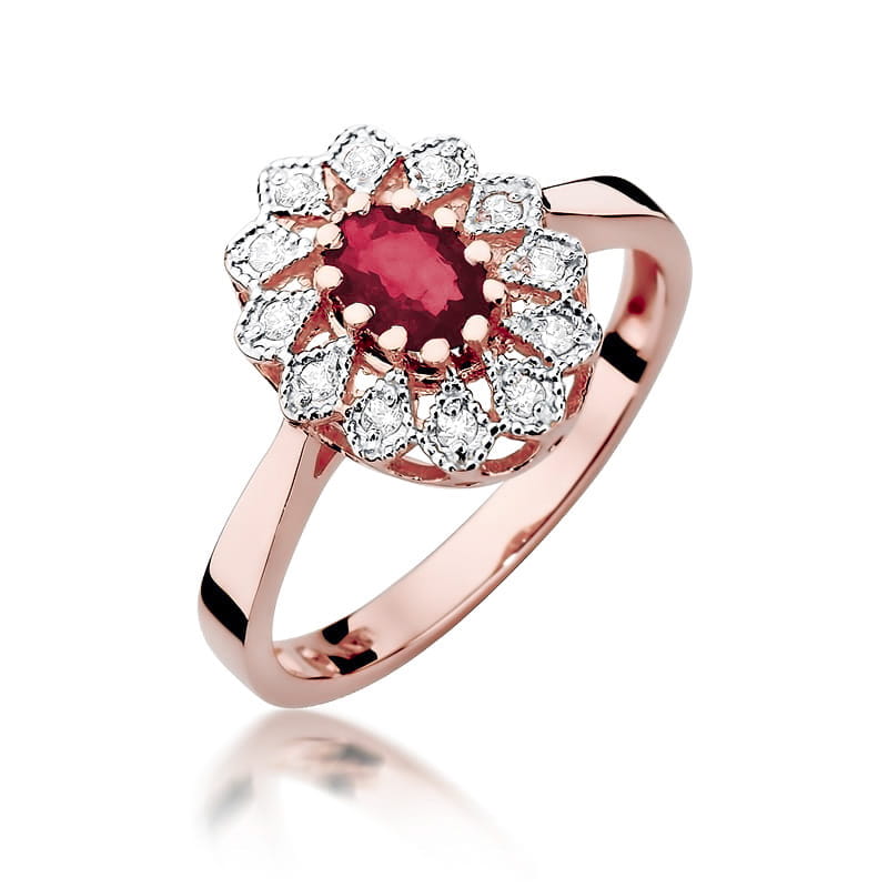 W0354.R3.RUR.01_1 Pierścionek z różowego złota z rubinem w centralnej części, otoczony diamentami w kształcie płatków.