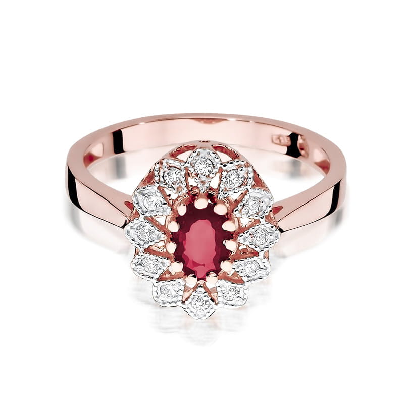 W0354.R3.RUR.01_2 Pierścionek z różowego złota z centralnym rubinem otoczonym diamentami w kształcie kwiatu.