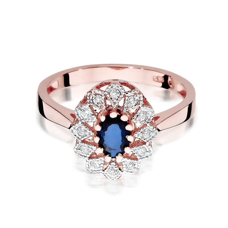 W0354.R3.SAB.01_2 Pierścionek z różowego złota z owalnym szafirem otoczonym diamentami w kształcie kwiatu.